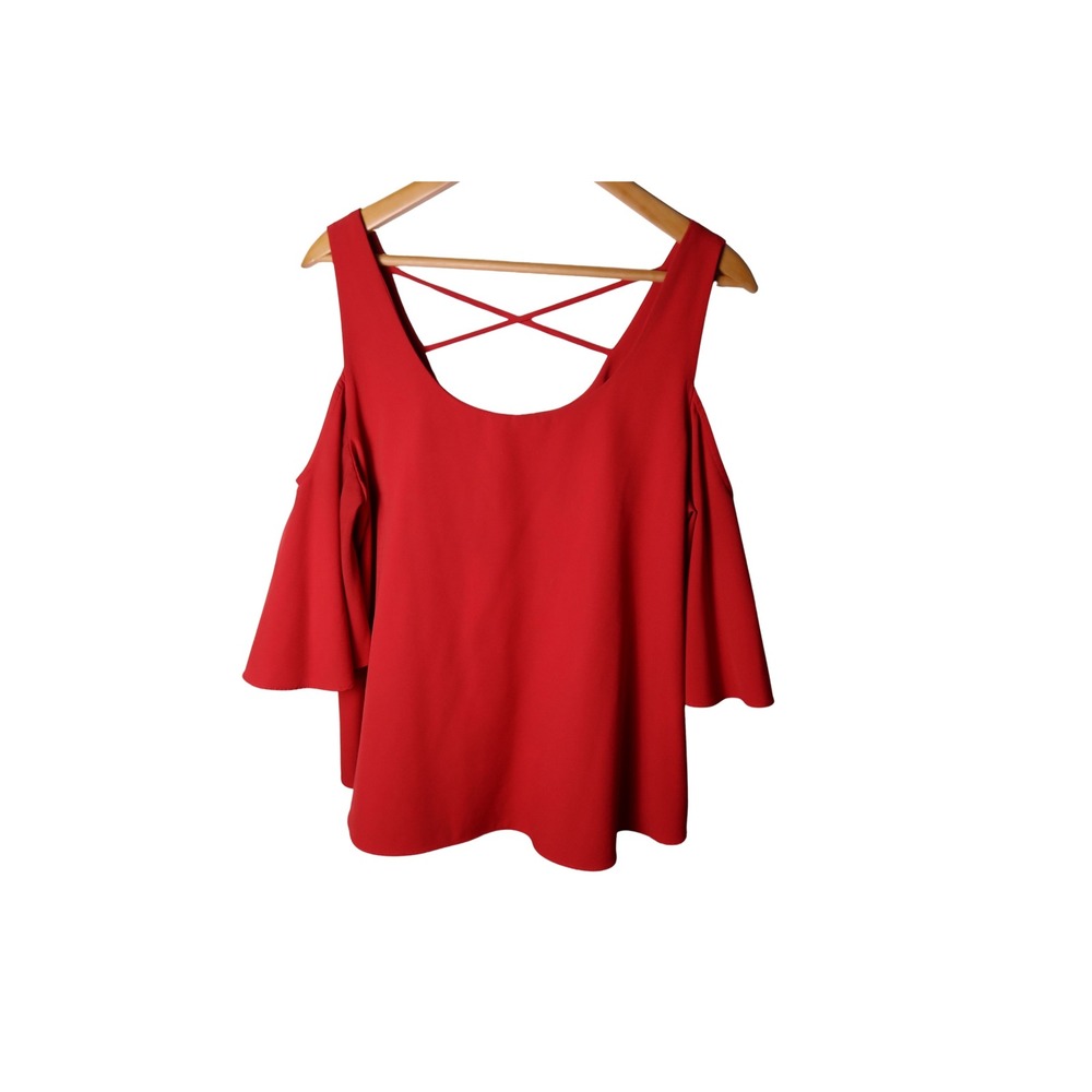 Red Cold Shoulder Blouse Short Flutter Sleeve Crisscross Back Top Excellent